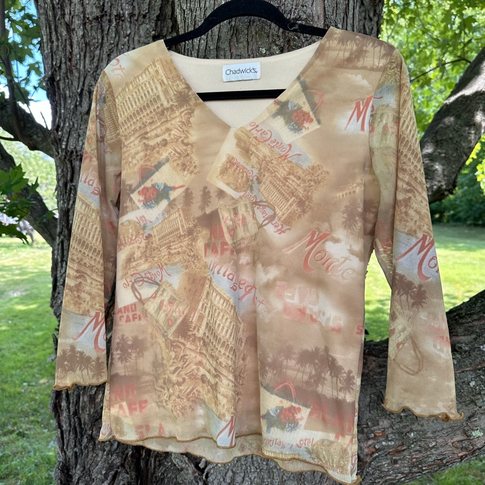 Vintage Chadwicks Tan Cream Wrap Blouse 3/4 Sleeve Notched Collar